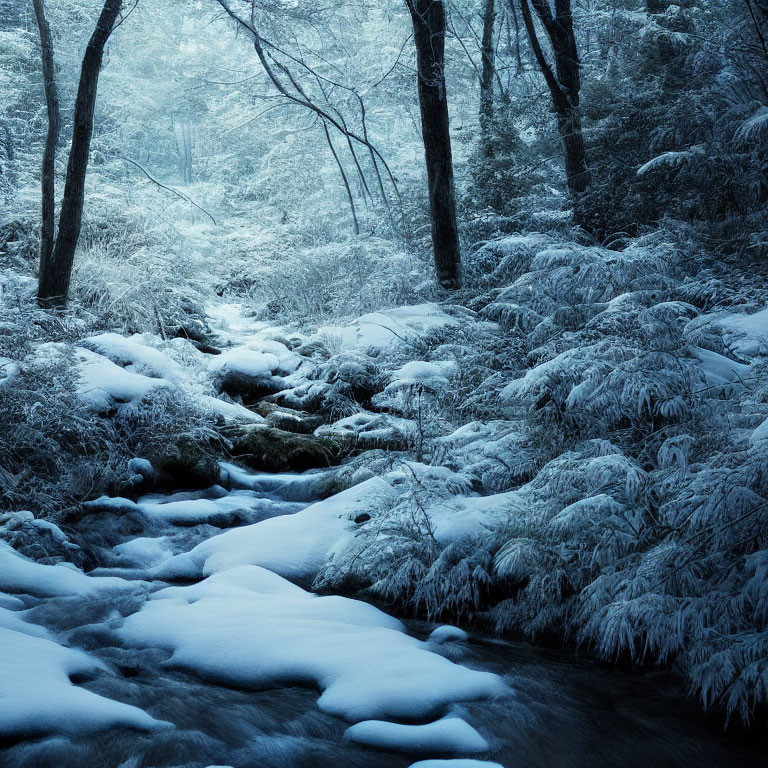 Snow-covered forest and creek in serene winter scene