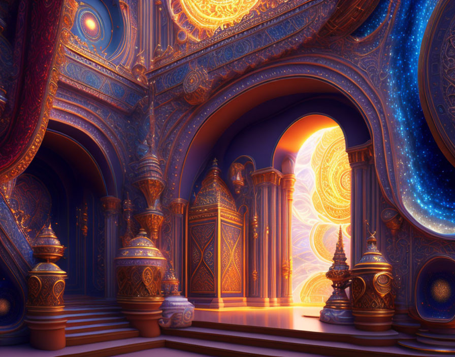Intricate indoor setting with glowing patterns and cosmic portal