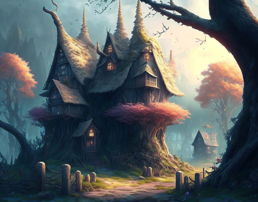 Whimsical enchanted forest with treehouses, pink trees, and twilight village path