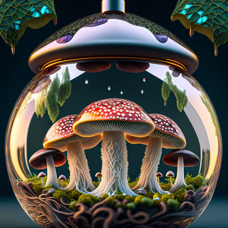 Fantasy illustration of red and white mushrooms in glass terrarium with trees and raindrops under green lamp