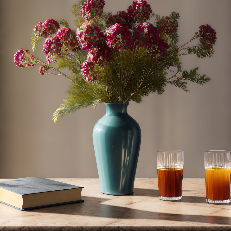 Teal vase with pink flowers, glasses of amber liquid, closed book on table