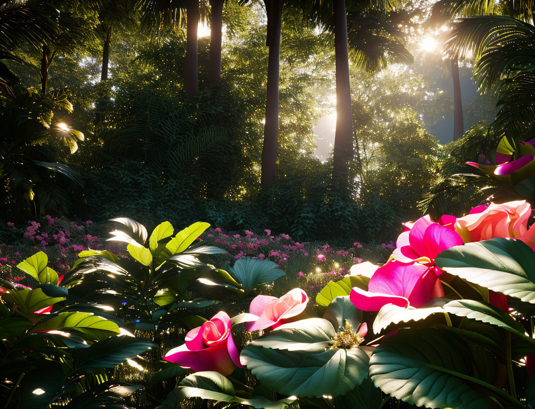 Sunlight illuminates vibrant pink flowers in green forest