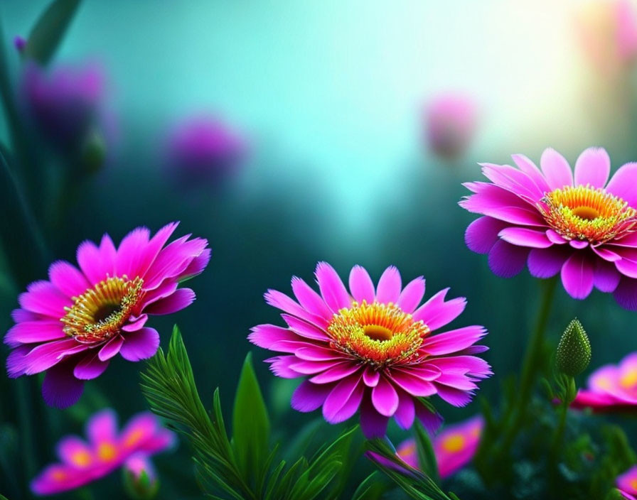 Vibrant pink daisies with golden centers in lush greenery under soft light