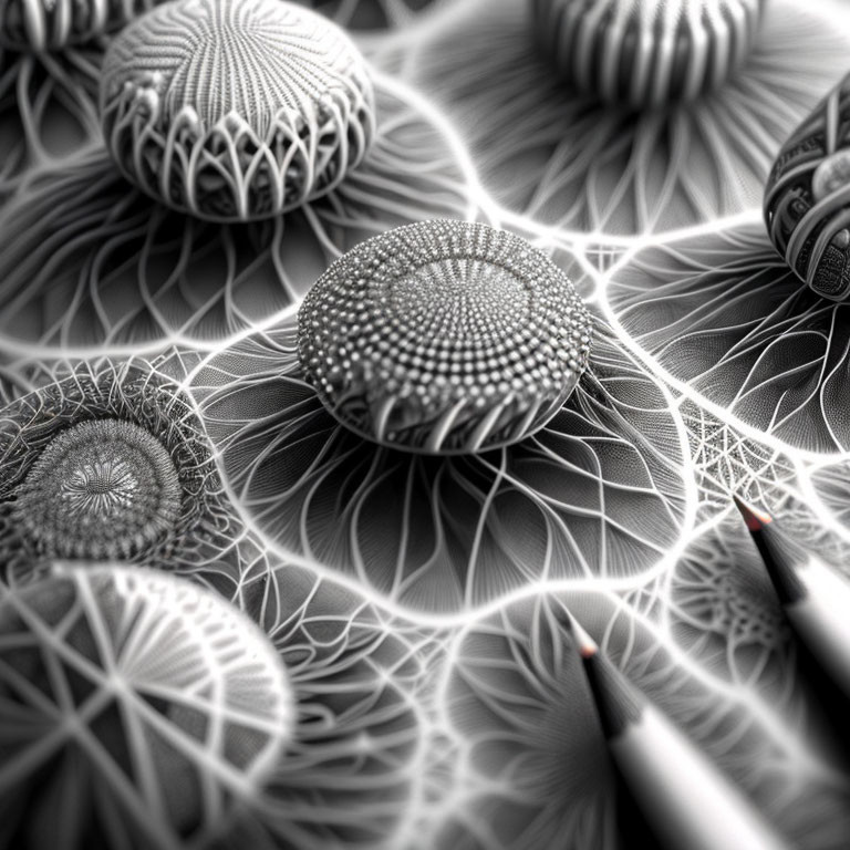 Abstract Monochrome Image of Intricate Geometric Patterns Resembling Sea Urchins and Interconnected