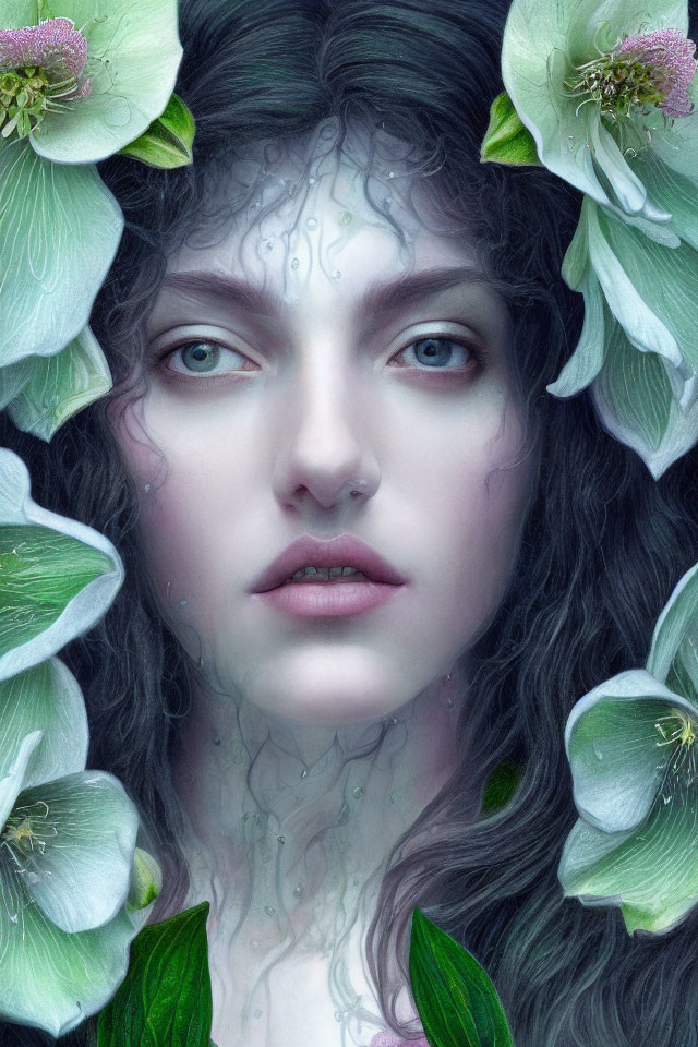 Portrait of pale woman with dark curly hair, ethereal makeup, green eyes, and white flowers.