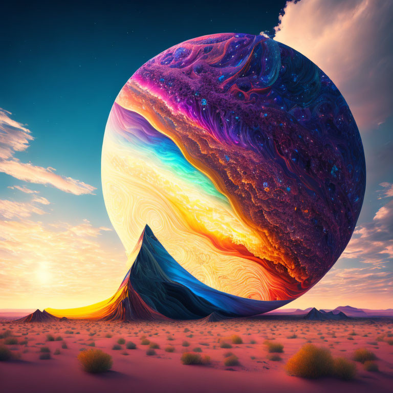 Vibrant surreal desert landscape with massive colorful planet dominating the sky