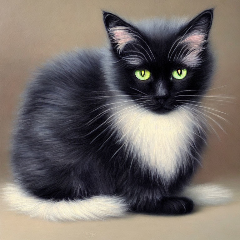 Fluffy Black and White Cat with Striking Green Eyes