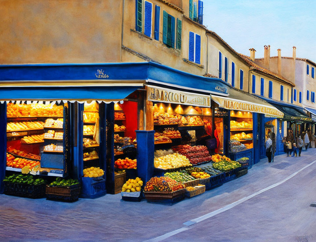 Colorful Street Market Painting with Fruit and Vegetable Stalls at Twilight