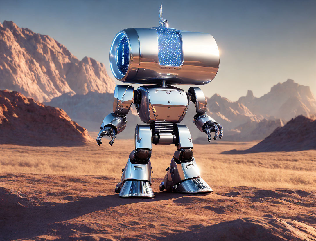 Shiny humanoid robot in desert landscape with mountains