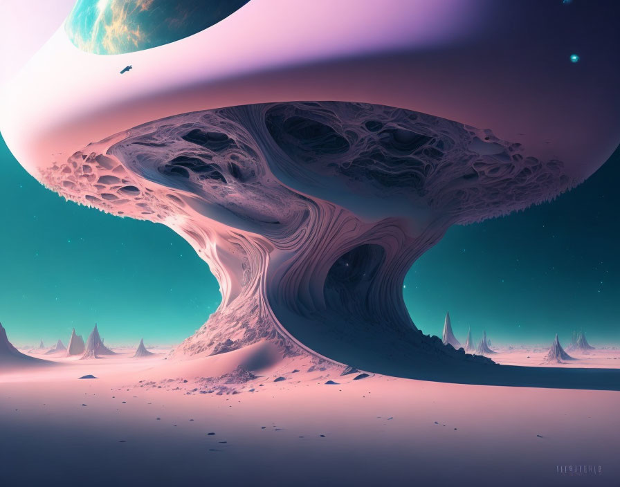 Surreal alien landscape with spiky terrain and swirling structure