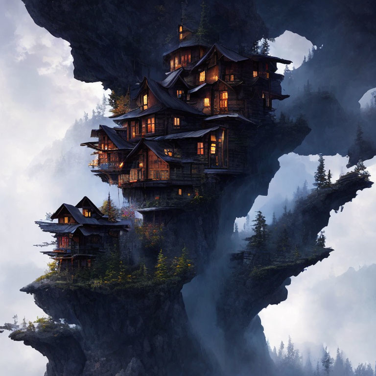 Fantastical multi-level wooden structure on cliff with warm lights.