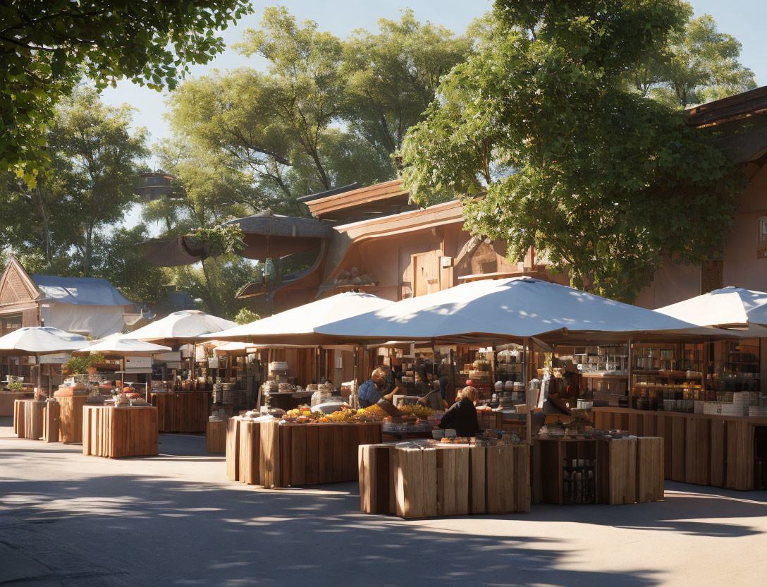 Sunny outdoor market with white umbrellas and wooden stalls