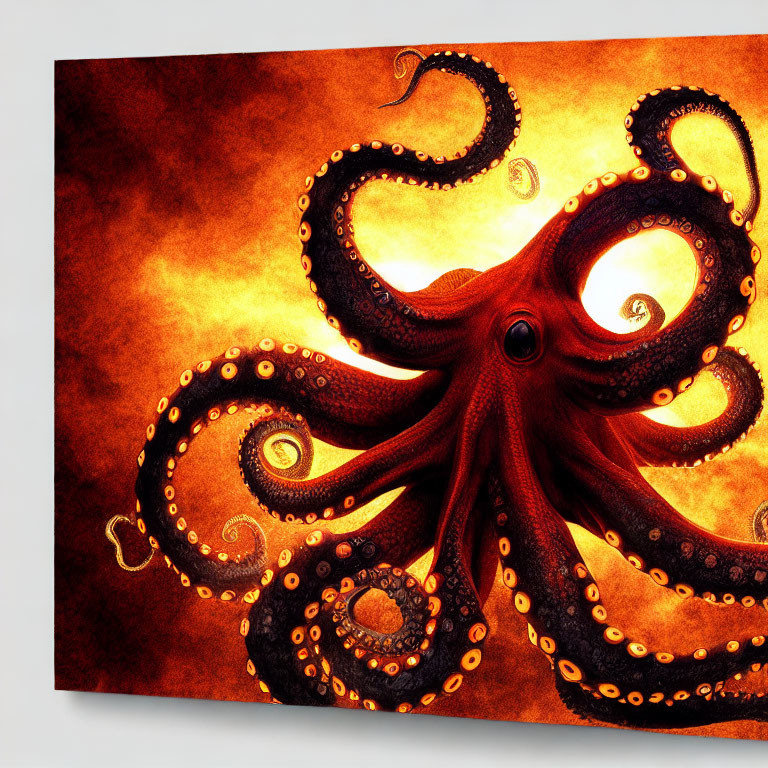 Octopus with swirling tentacles on red and golden background