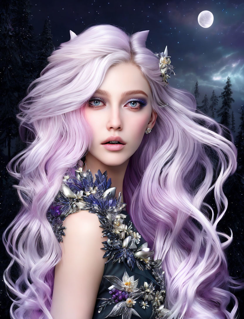 Portrait of woman with purple hair, blue eyes, floral outfit under full moon.
