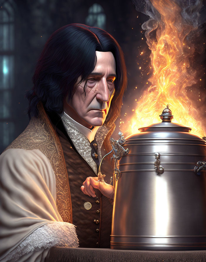 Historical man in long hair observes smoke from detailed metallic urn