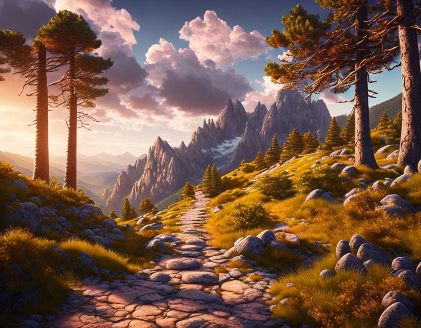 Tranquil landscape: cobblestone path, lush meadow, rugged mountains