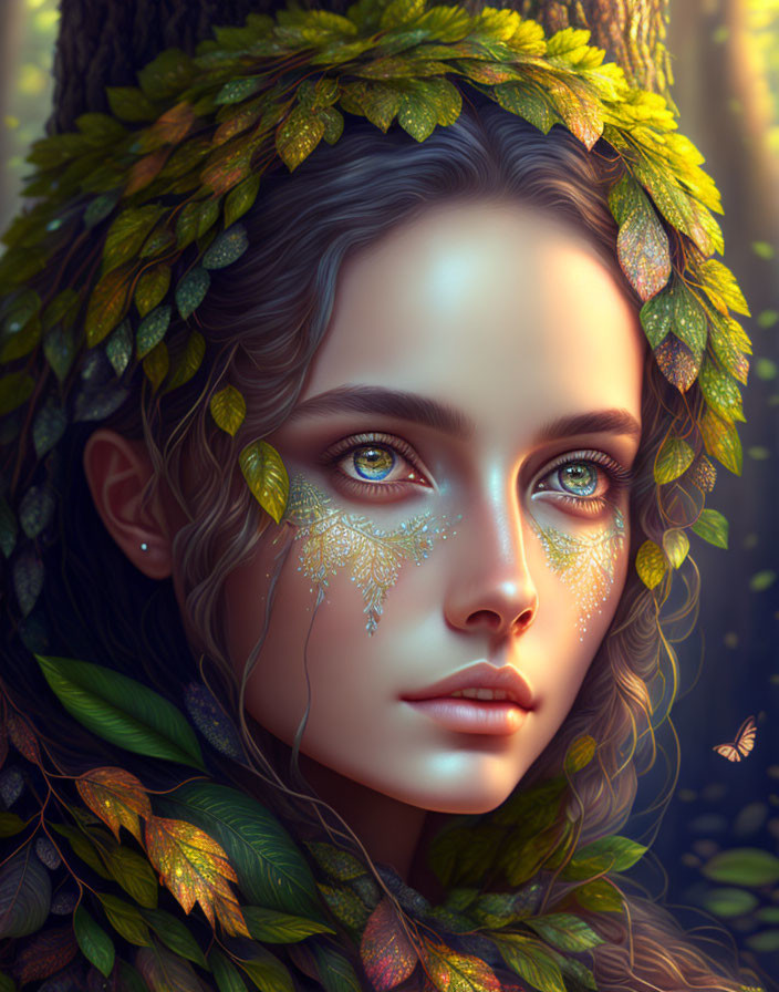 Digital Artwork: Woman Portrait with Leafy Adornments in Forest Setting