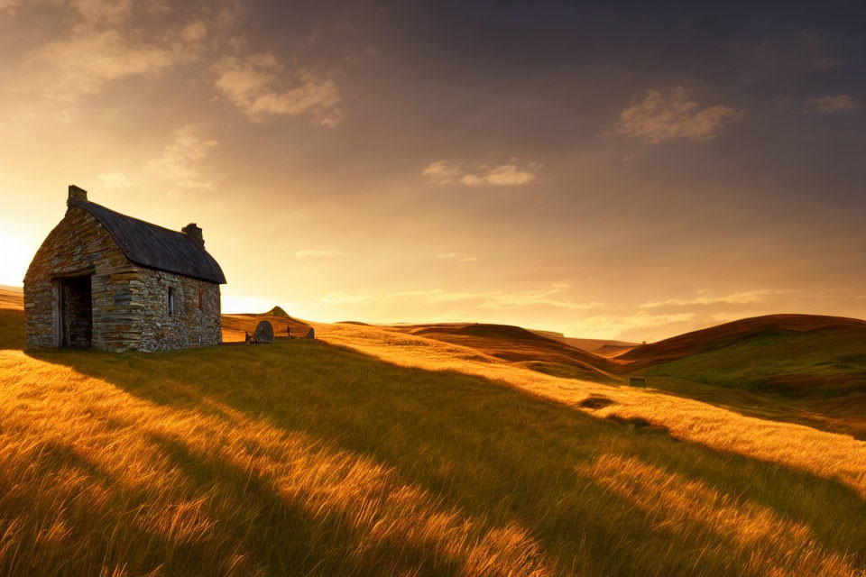 Stone Cottage in Golden Field at Sunset with Rolling Hills