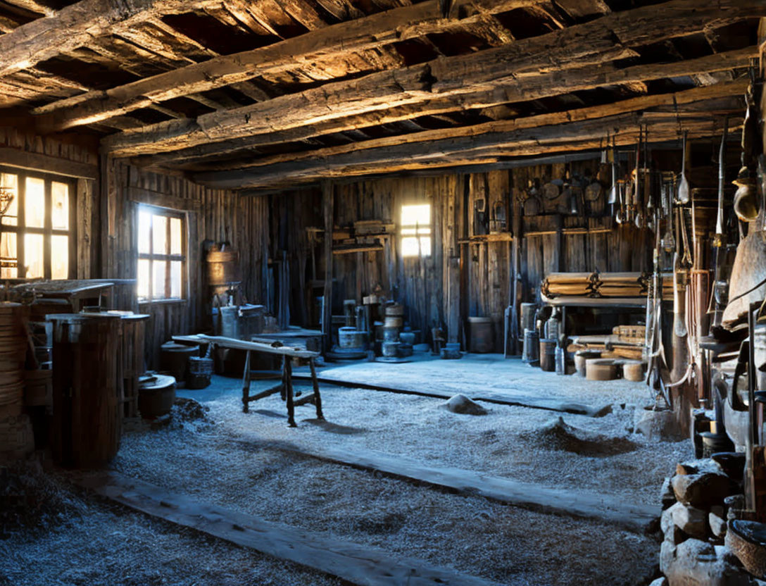 Rustic wooden cabin interior with tools and pottery and sunlight streaming through windows.