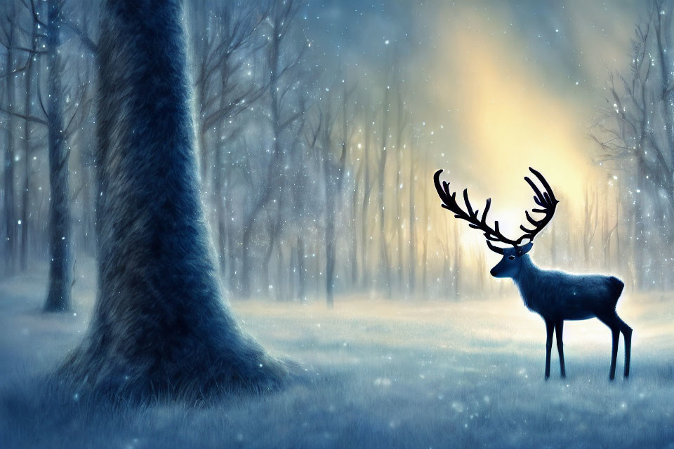 Majestic deer with large antlers in serene snowy forest