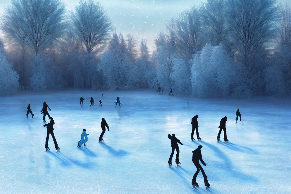 Outdoor ice-skating scene with snow-covered trees at twilight