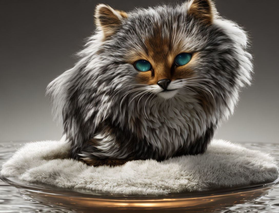 Fluffy Cat with Blue Eyes on White Mat Reflecting fur and Gaze