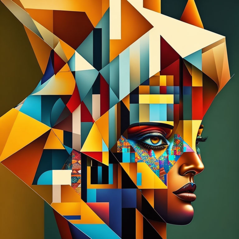 Abstract digital art portrait with geometric shapes and vivid colors.