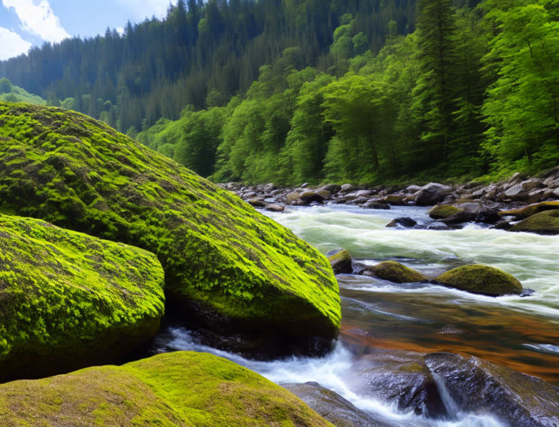 Serene forest river with moss-covered rocks under sunny sky