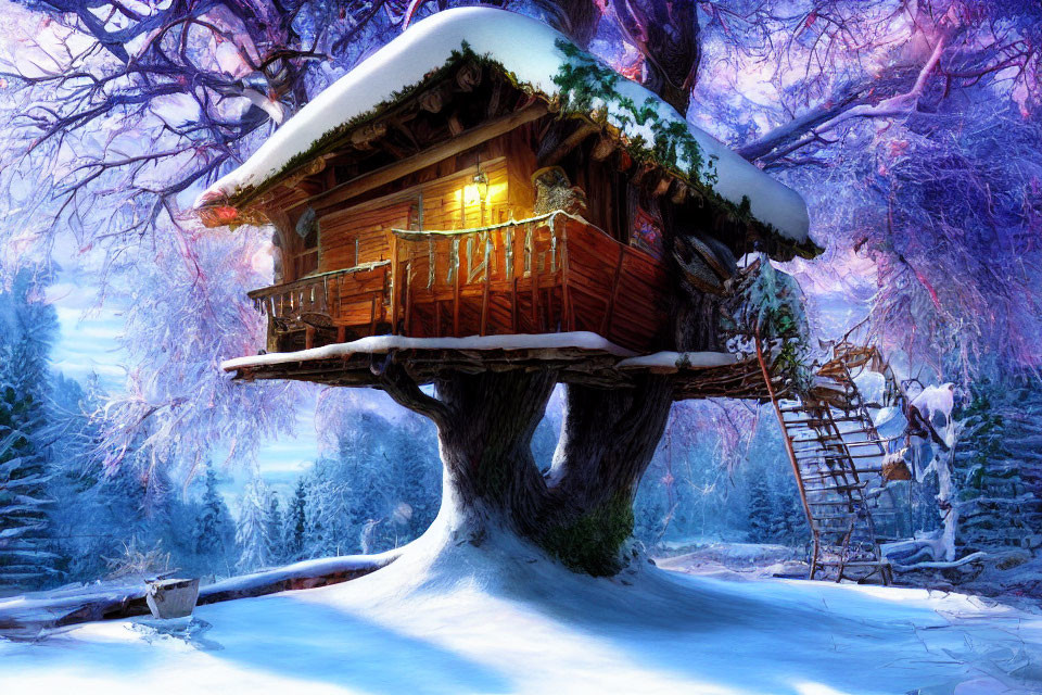 Cozy treehouse in snowy landscape with glowing lights