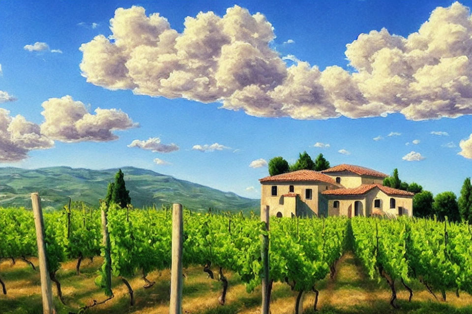 Scenic vineyard landscape with traditional villa and rolling hills