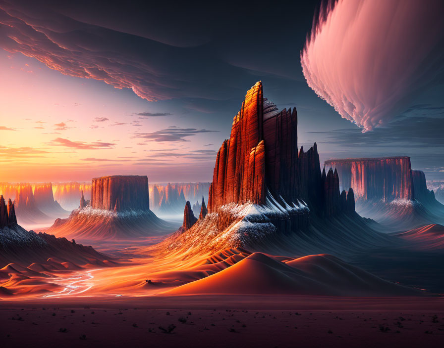 Surreal desert landscape with towering rock formations and snowy peaks