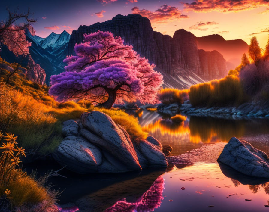 Twilight landscape with pink tree, river, and mountains