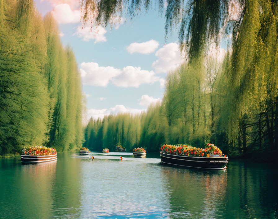 Tranquil flower boats on calm river under lush willow trees