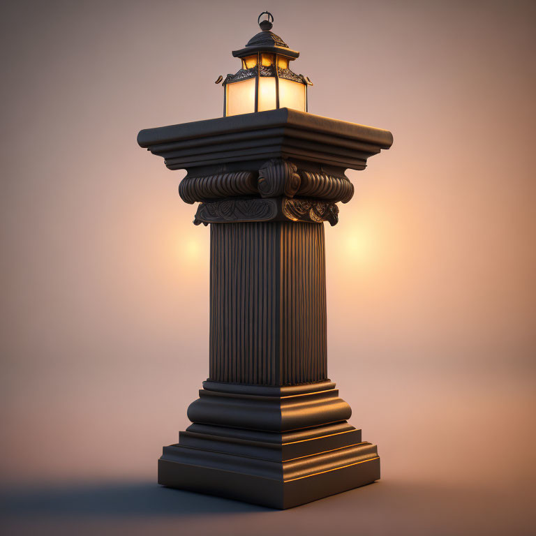 Classical column pedestal with glowing lantern on warm gradient background