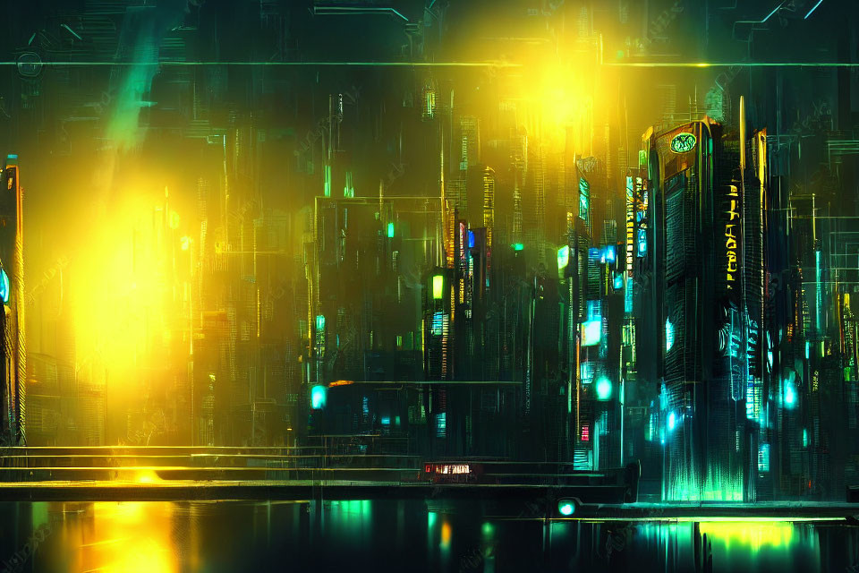 Vibrant neon-lit cyberpunk cityscape with towering skyscrapers at night