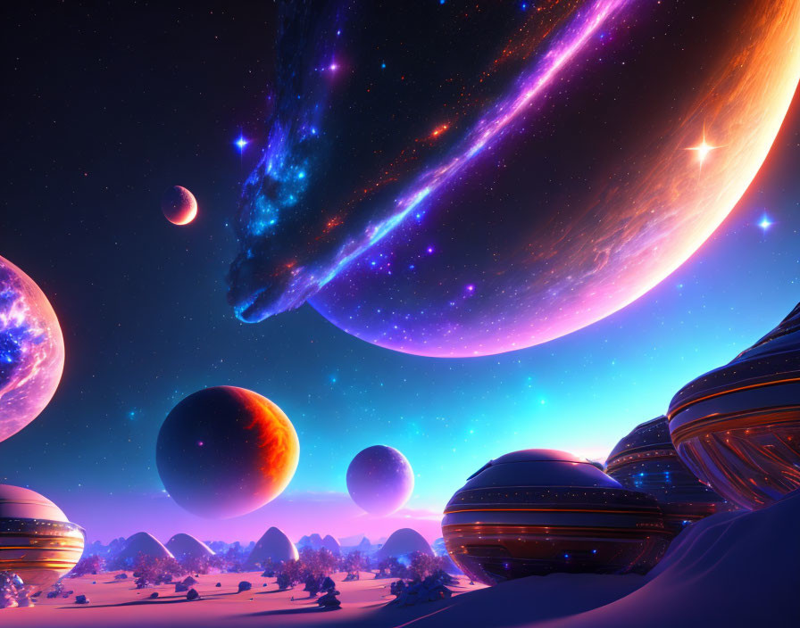 Colorful sci-fi landscape with planets, nebula, shooting stars, and futuristic structures