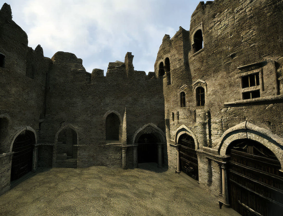 Medieval castle courtyard with stone walls and arched doorways