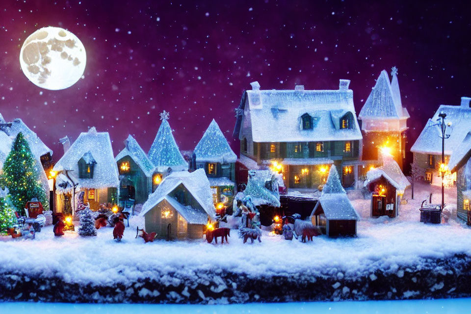 Miniature Snowy Village with Christmas Decor and Full Moon