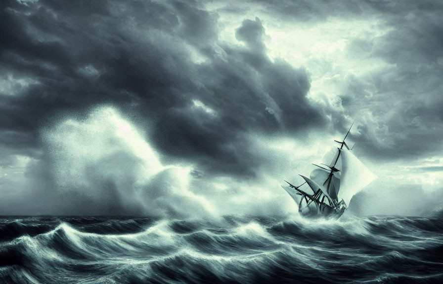 Sailing ship battles stormy seas with large waves and strong winds
