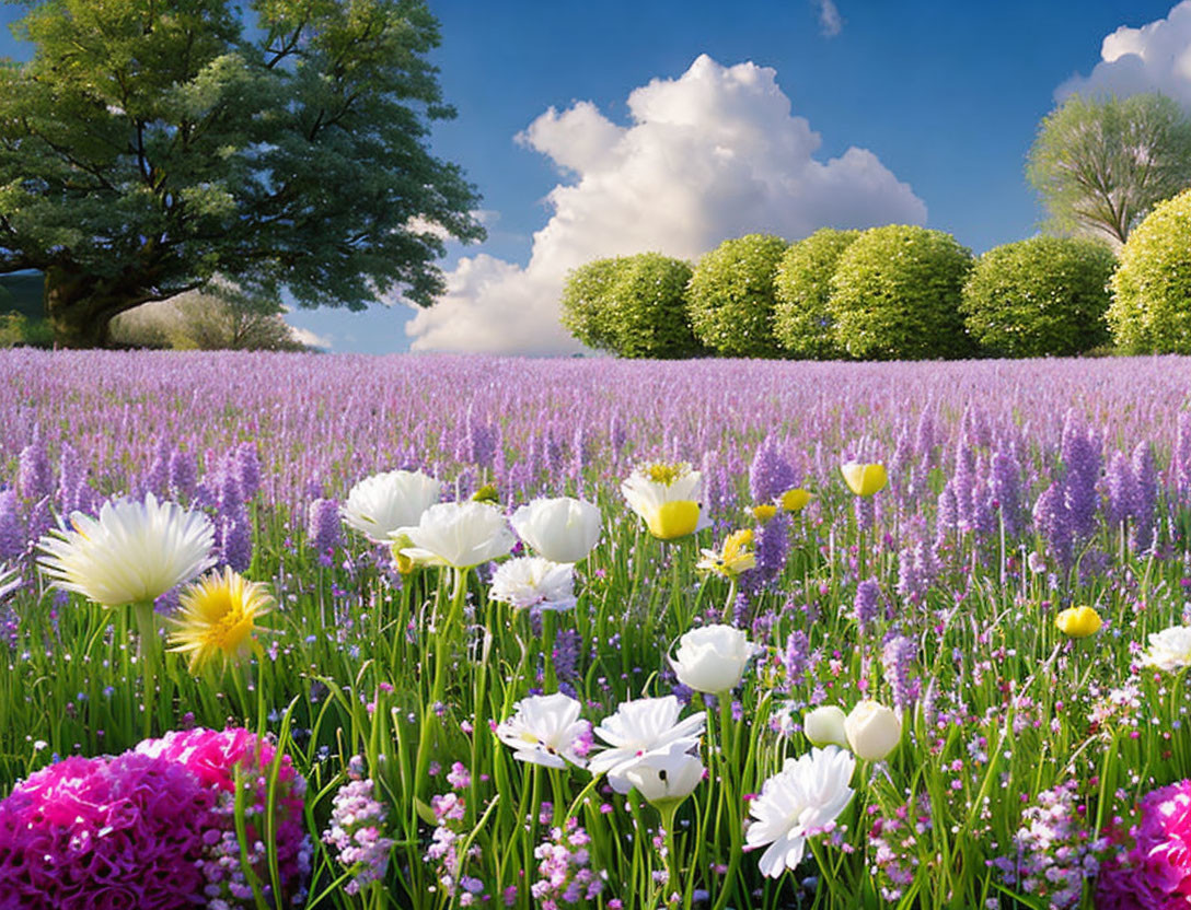 Colorful Flower Field with Trees and Blue Sky