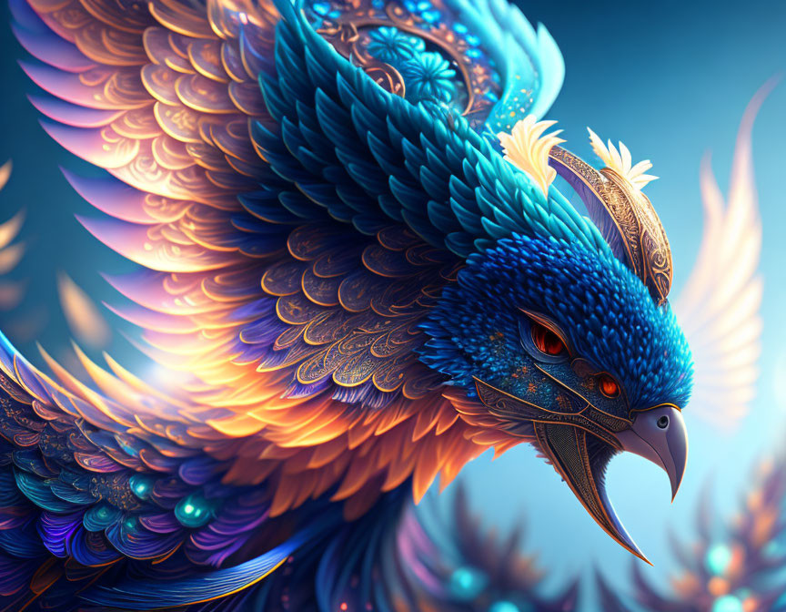 Colorful Fantastical Bird with Blue and Gold Feathers and Ornate Headdress