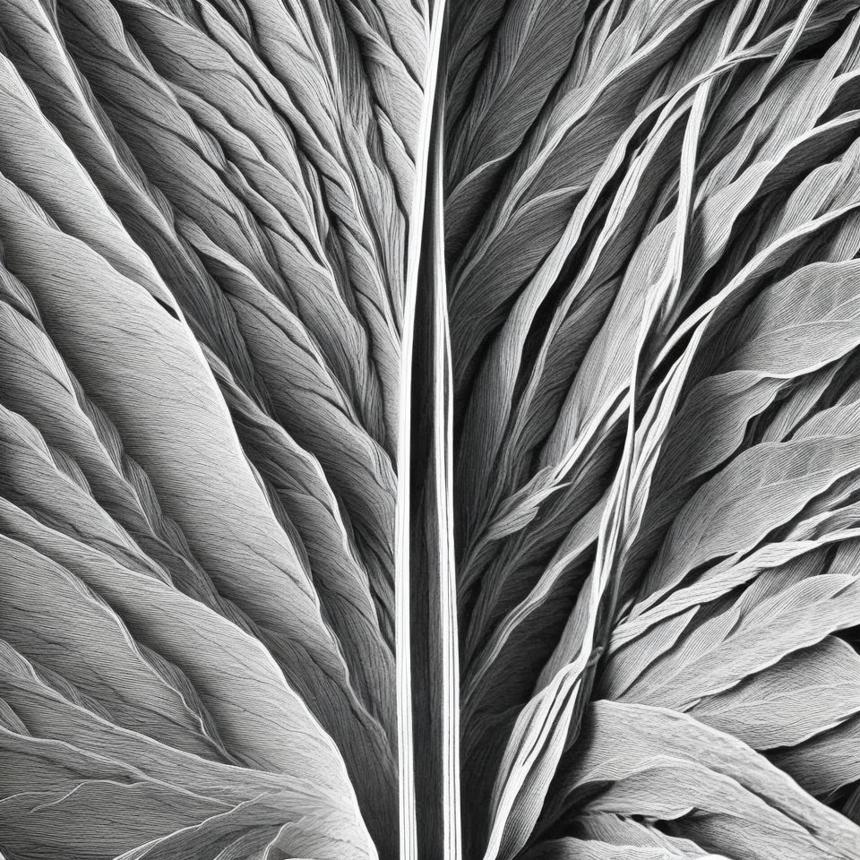 Monochrome close-up of symmetrical pattern resembling textured leaf veins.
