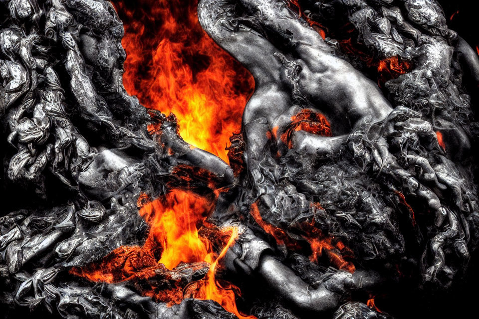 Abstract art: Human forms emerging from fiery embers, suggesting rebirth and intense emotion.