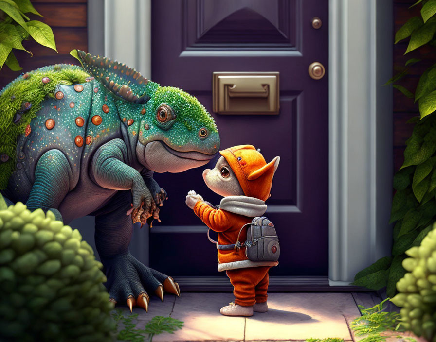 Child in Fox Costume Shaking Hands with Blue Dinosaur at Doorstep