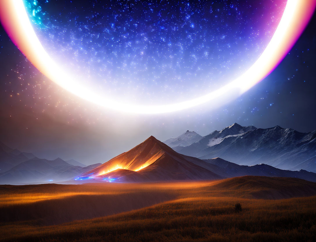 Digital art landscape: Glowing crescent celestial body over snow-capped mountains