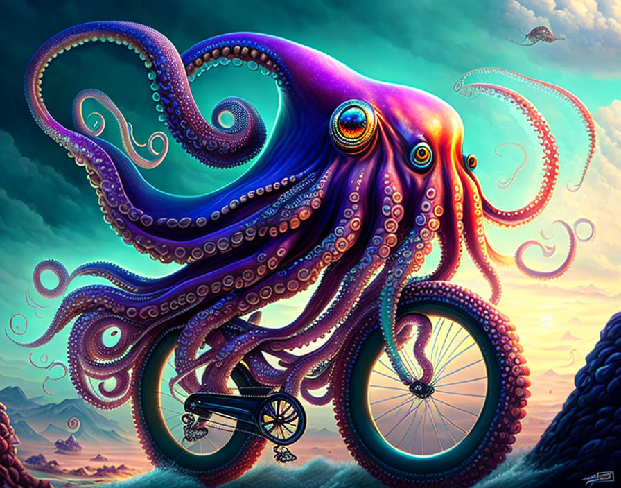 Colorful Octopus Carrying Bicycle in Surreal Underwater Scene