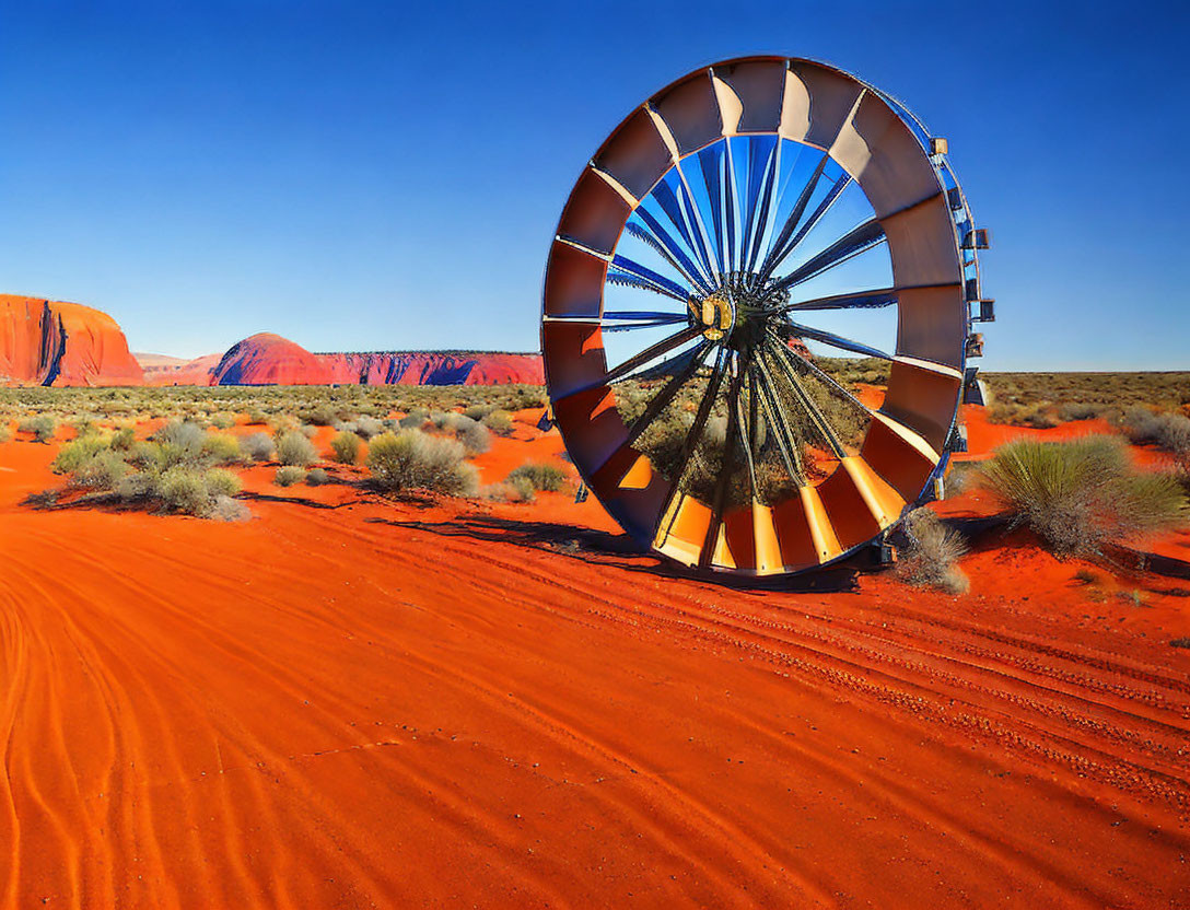 Abandoned circular metal structure in vibrant red sand desert