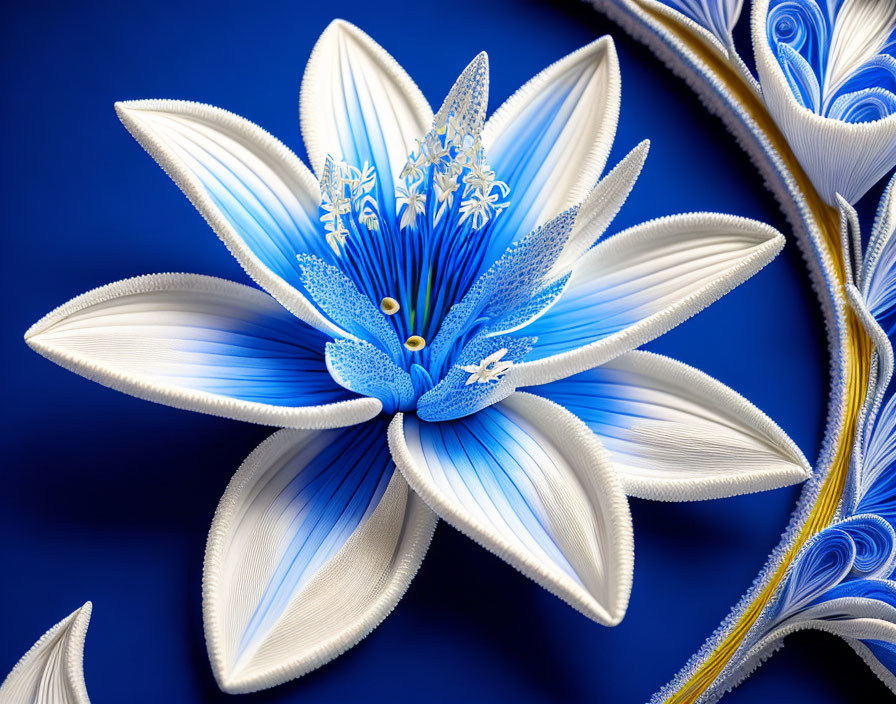 Intricate Paper Quilling Artwork: Blue & White Flower on Deep Blue Background