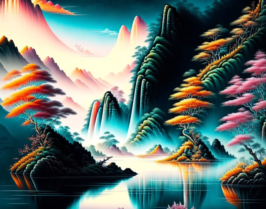 Surreal landscape with waterfalls, colorful trees, and towering peaks reflected in serene water.