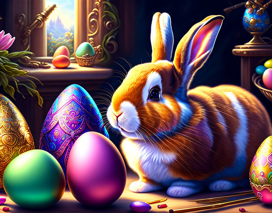 Colorful Easter Rabbit Painting with Night-time Window Scene
